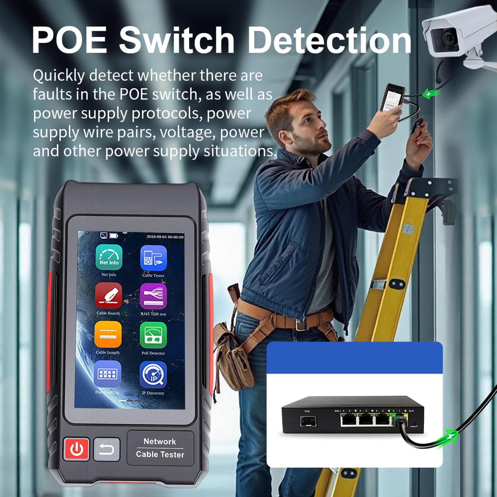 Tester per cavi di rete RJ45 multifunzione, touch screen IPS da 4 pollici Batteria ricaricabile da 4000 mAh Tracker per cavi Test TDR fino a 3000 m per cavi UTP Supporta strumenti