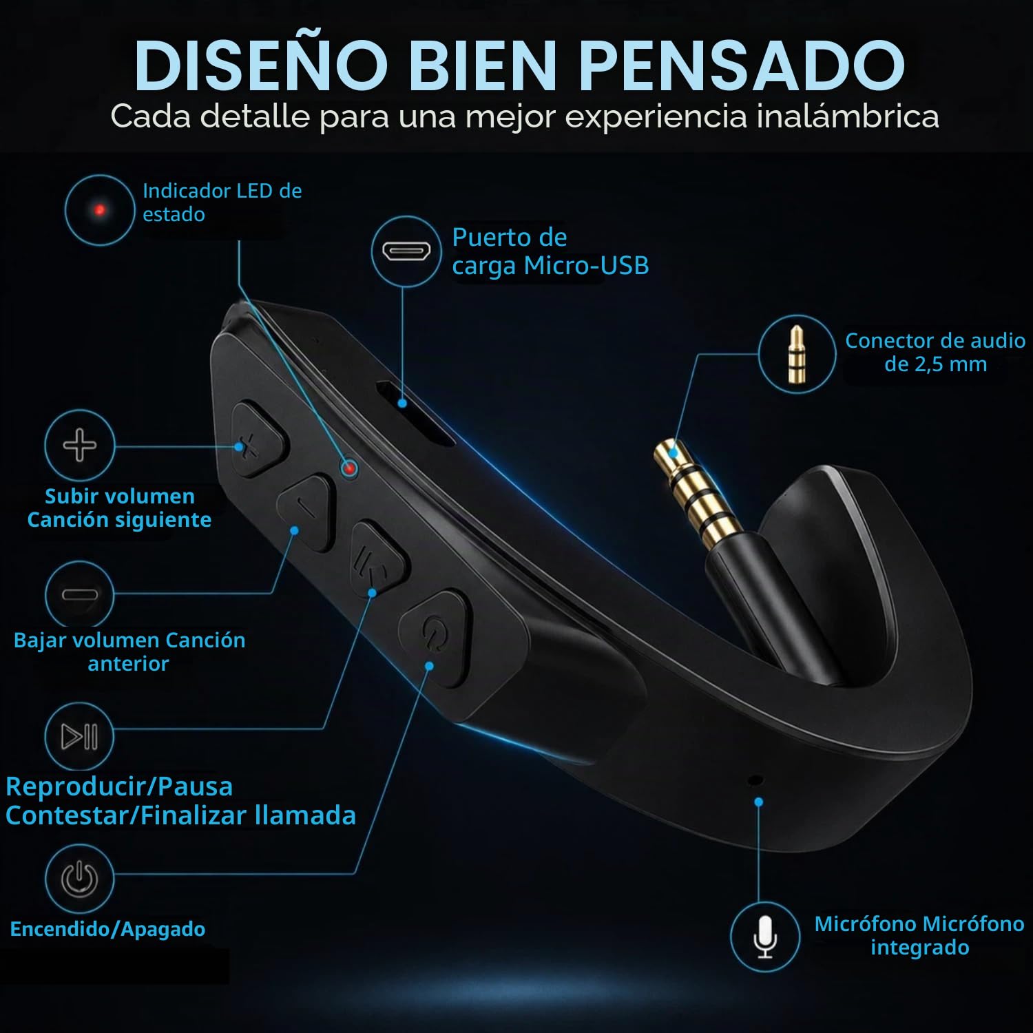 Adaptador Bluetooth inalámbrico para Bose QuietComfort 25, color negro | Adaptador de audio inalámbrico para auriculares Bose QC 25 con aptX, micrófono, control de volumen