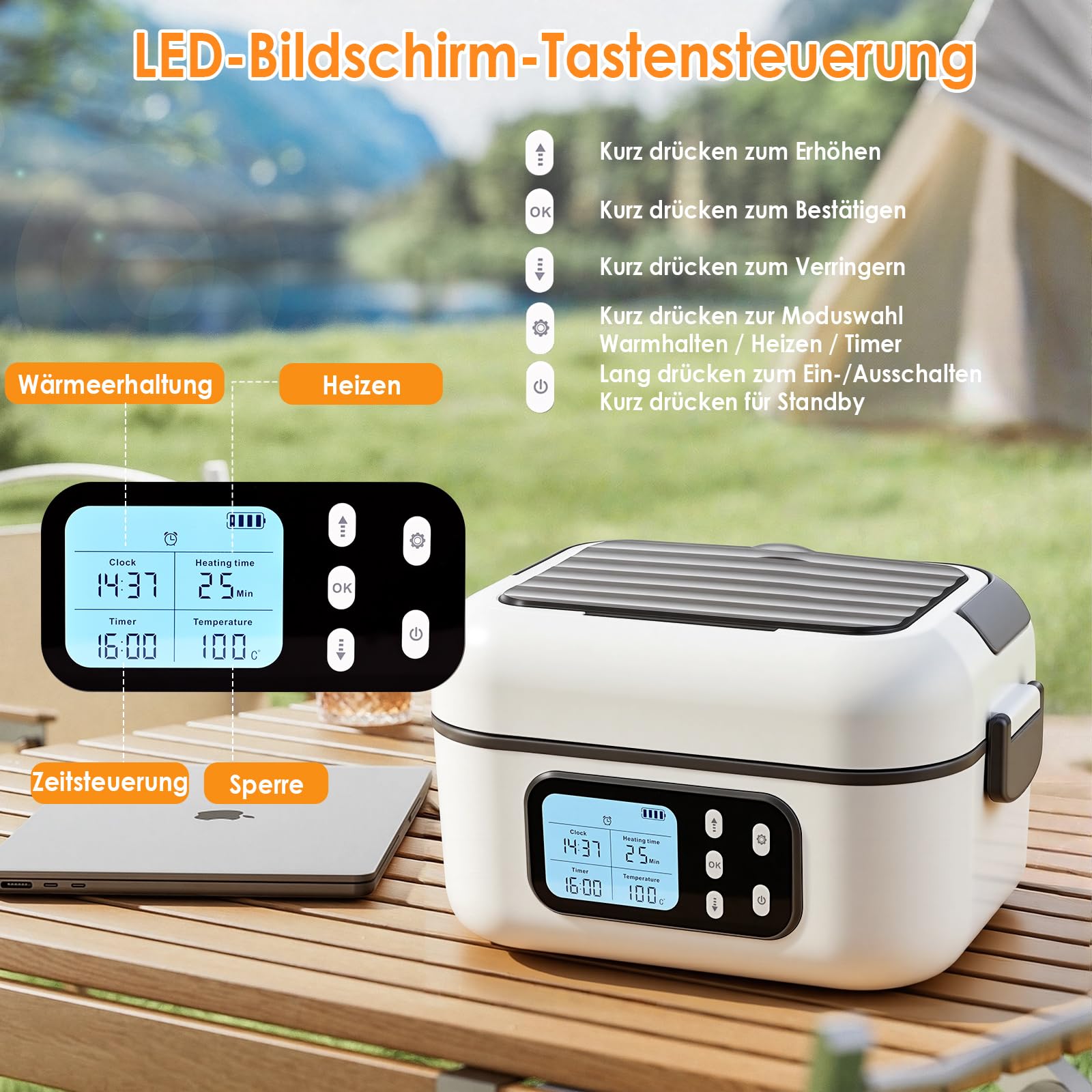 Dreamhigh 1,5 L Elektrische Lunchbox Mit Akku mit 24000 mAh, Lunchbox Elektrisch mit Auslaufsicheres Design & zeitgesteuerter Aufheizfunktion für Auto, Arbeit & Camping (weiß)