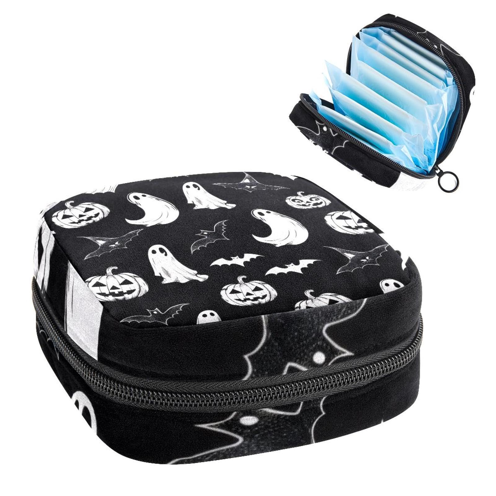 Sanitary Napkin Storage Bag for Feminine Pads, First Period Kit for Women, White Halloween Ghost Pumpkin Bat Pattern Portable Menstrual Period Sanitary Pouch