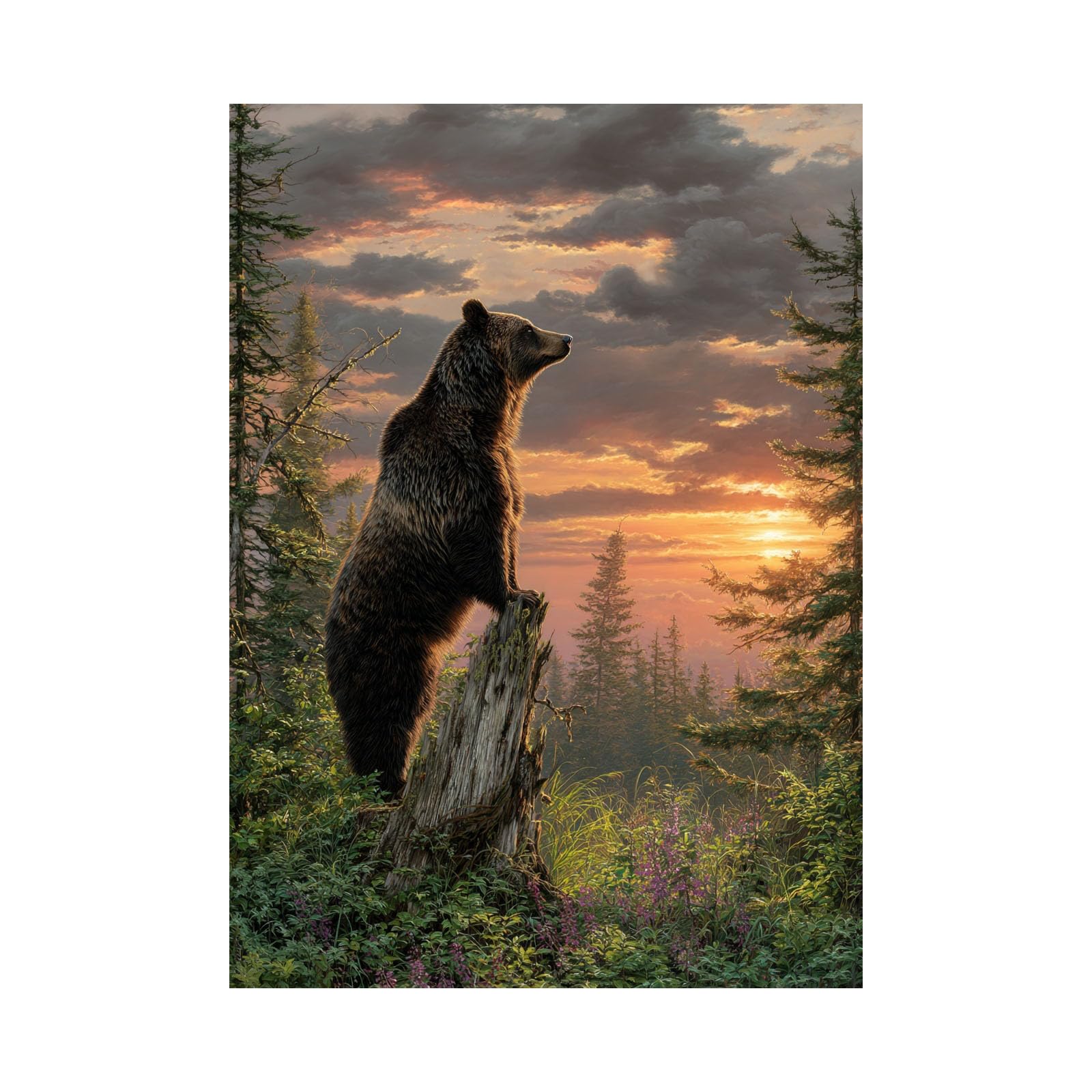 TERUEA Wall Art Canvas Prints - Brown Bear Standing Tree Stump Sunset Pine Forest Animals Poster Wall Art Mural Modern Decoration Hanging Art Poster(Brown)-70x100cm Unframed