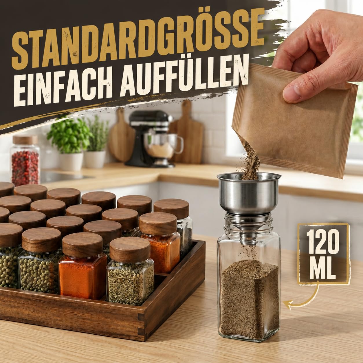SAEIV Gewürzregal Holz Akazienholz Tablett-Gewürzständer 24x120ml Spice Jars Gewürzgläser Eckig Spice Rack Gewürzgläser Gewürz Organizer mit Edelstahltrichter,Etiketten für Küche&Esstisch