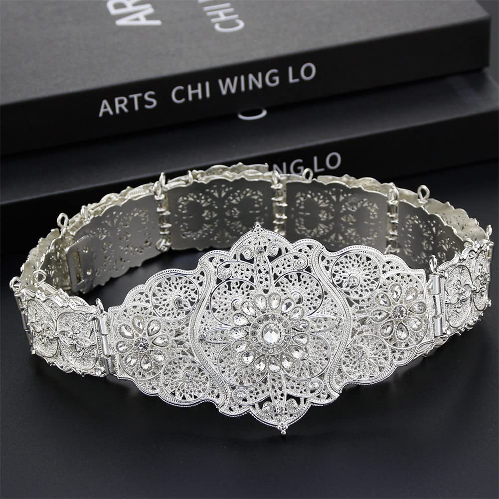 LNNSHX Cinturón marroquí de Color Dorado para Mujer, Cadena de Cintura de Metal de Cristal, cinturón del Cáucaso de Longitud Ajustable
