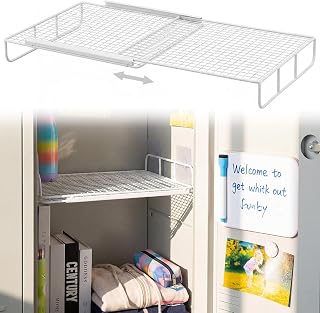 SYOSI Expandable Locker Shelf, Adjustable Metal Organizer, Space Saver Heavy Duty Storage Rack with 4 Support Adhesive Hooks for Kitchen, Pantry, Closet, Wardrobe, Cupboard, White