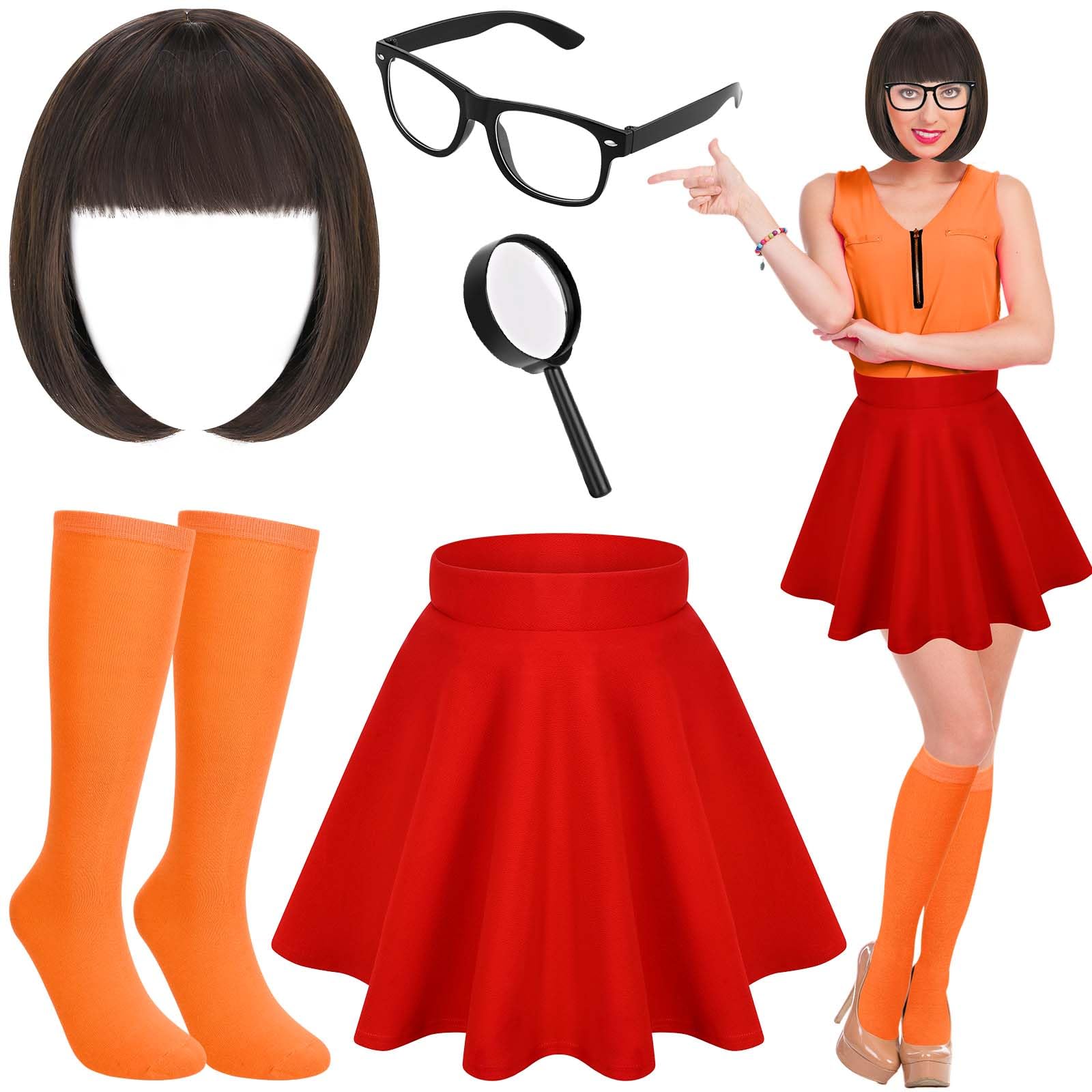 Bofeiya 5 Pcs Halloween Comedy Movie Cosplay Costume Accessory Wig Magnifying Glass Knee High Socks Red Skirt Glasses for Halloween Adult Women Cosplay Party Dress Up Outfit (X-Large)