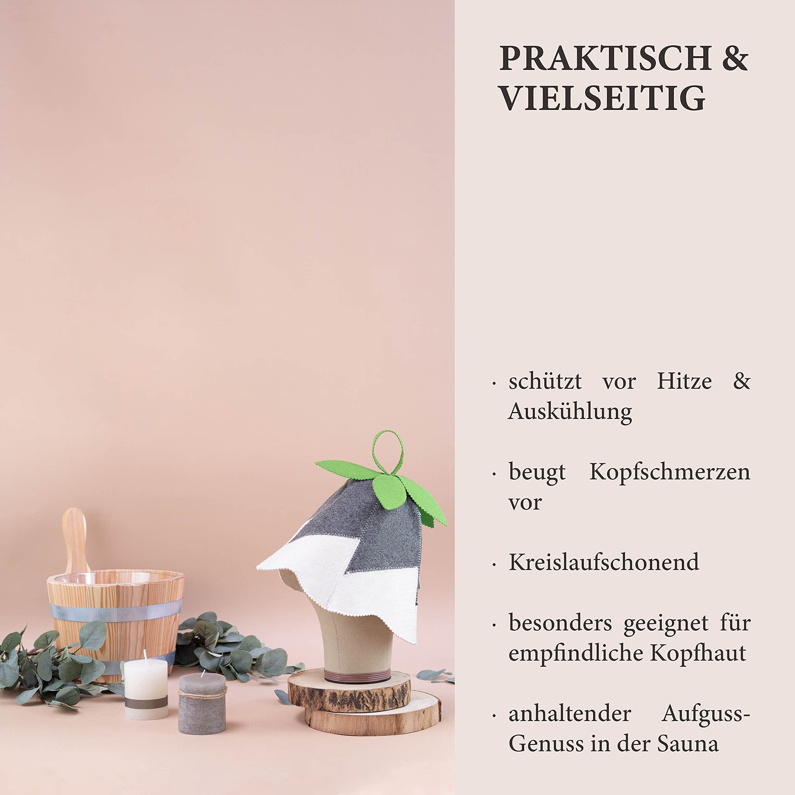 LoWell® czapka do sauny – filcowa czapka dla kobiet i mężczyzn, w zestawie poradnik użytkownika sauny – idealny dodatek do sauny dla wyjątkowego doświadczenia spa – czapka do sauny z motywem dzwoneczka, zielona