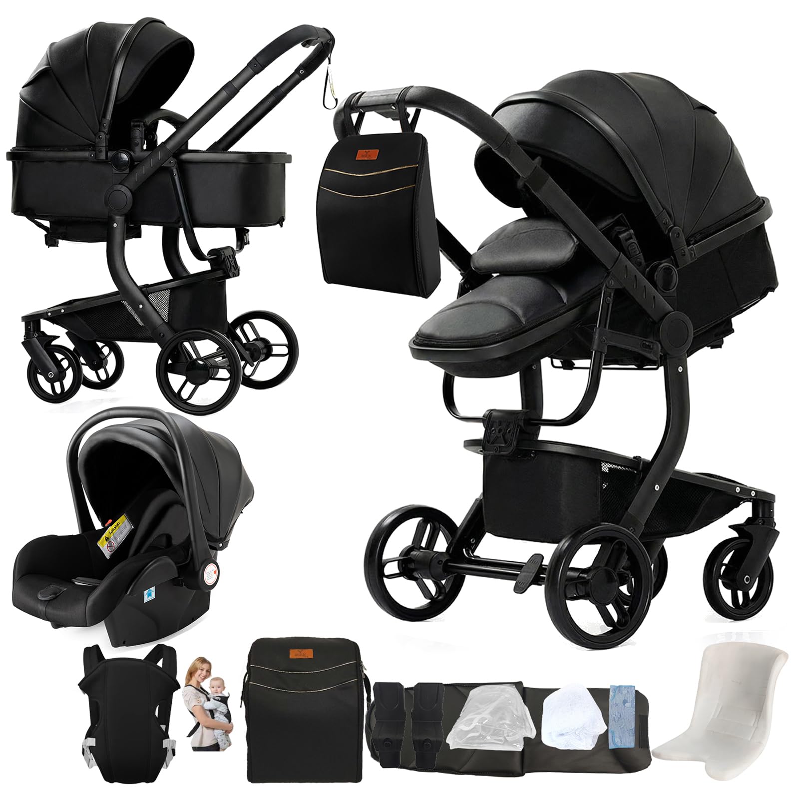 Magic ZC Pelle PU Passeggino Trio, Passeggino 3 in 1 con Doppia Modalità Push Reversibile, Trio Passeggini Neonati con Grande Navicella, Carrozzina per Neonati in Alluminio Pieghevole (L518 All Black)