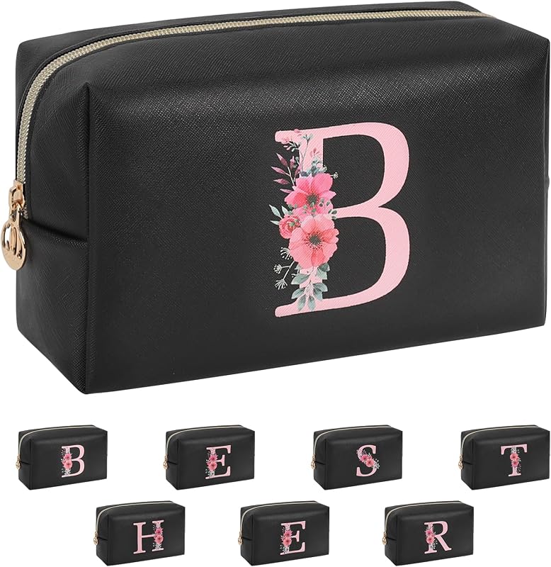 Necessaire de maquiagem onemoky com inicial personalizada, preta, modelo Z1137