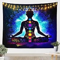 Vista 1 de Tapiz de yoga para colgar en la pared, diseño de mandala de loto azul con impresión artística de meditación de chakras, para dormitorio, sala