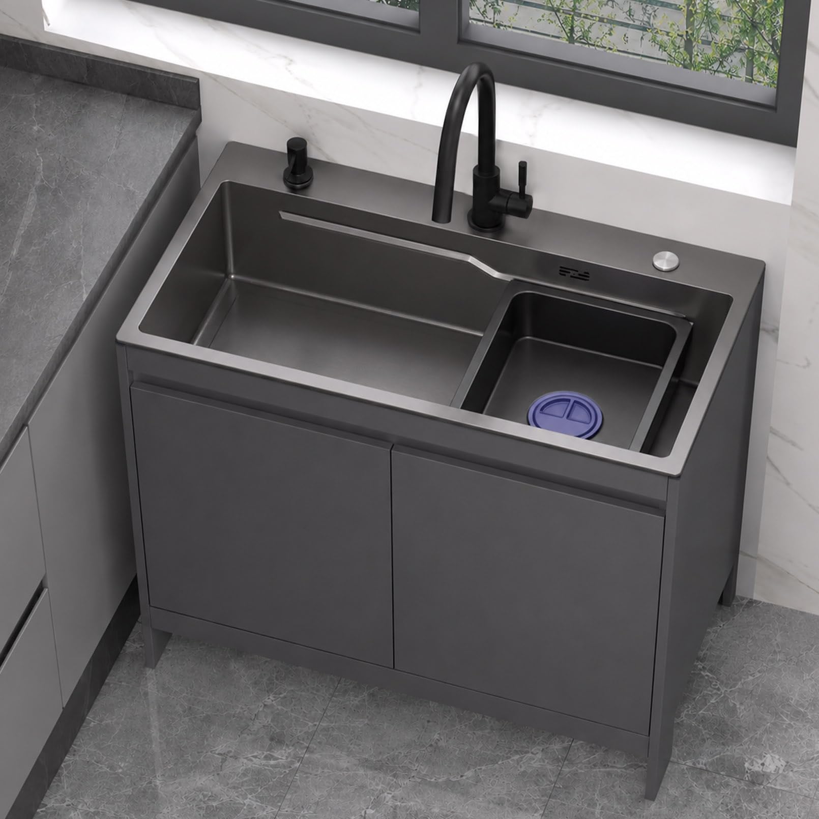 Mobile Lavello da Cucina e Esterno Giardino, Lavello Autoportante in Acciaio Inossidabile con Mobiletto in Alluminio, Vasca Singola Grigio Antracite, Dispenser Sapone e Tubo di Scarico 68cm