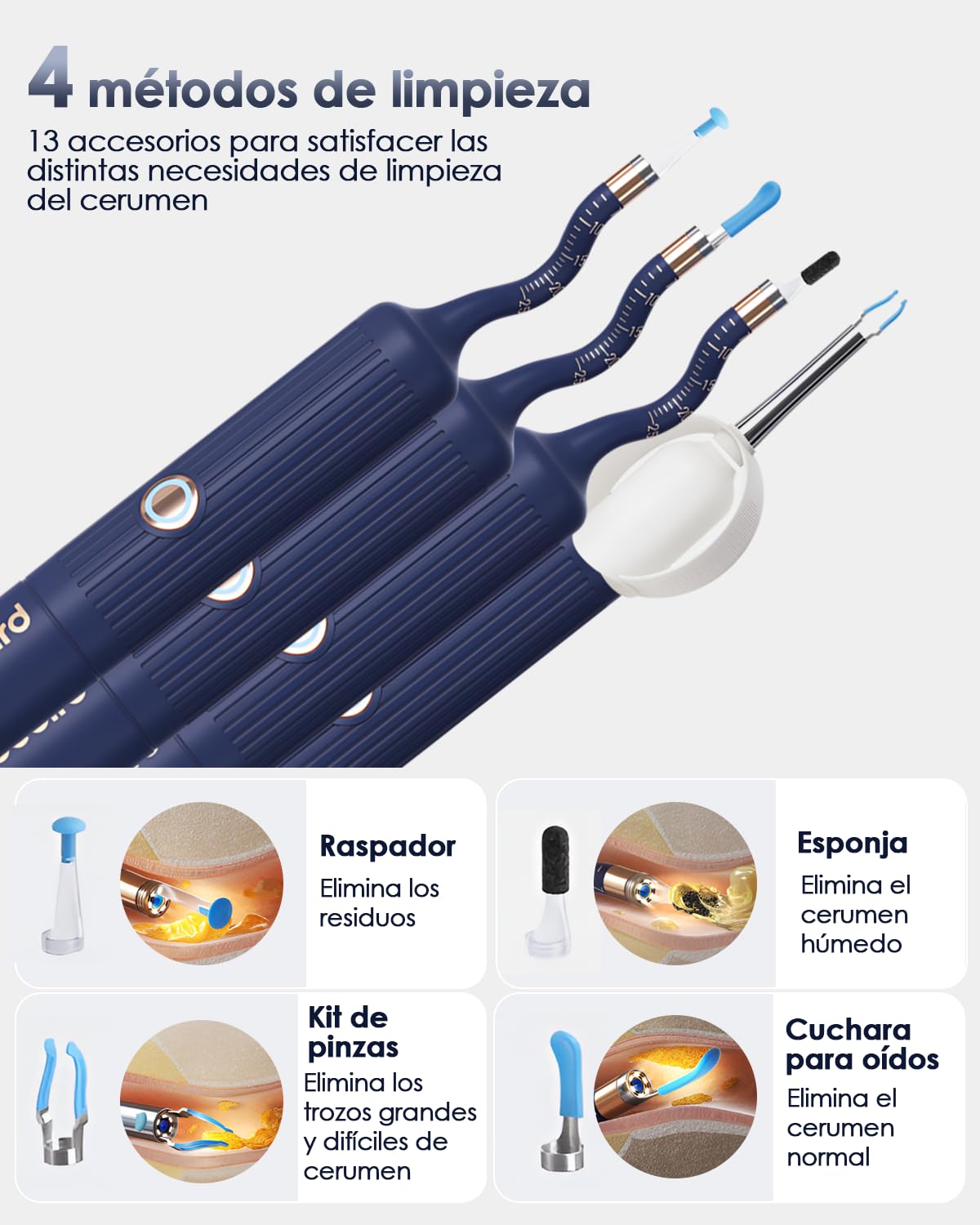 Otoscopio Flexible, Limpia Oidos con Cámara HD y 6 LED, Limpiador de Oidos Cera con Puntas de Repuesto Variadas para Examen de Oídos/Nariz/Garganta, Limpieza Oidos Adultos Compatible con iOS y Android