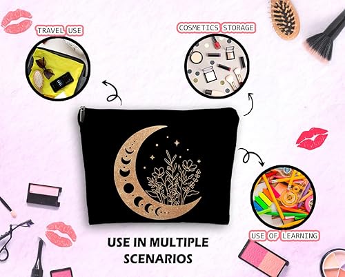 Miniatura 4 de Dwept Bolsa de maquillaje bohemio floral celestial con fase lunar, luna creciente mística, de lino, bolsa de aseo de viaje, bolsa de cosméticos de