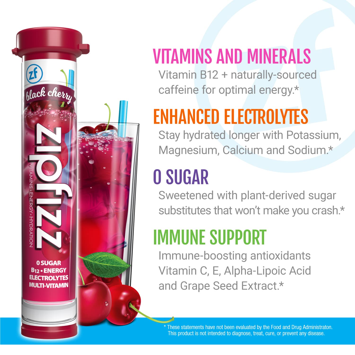Zipfizz Daily Energy Drink Powder, Black Cherry,3-in-1 Sustained Energy, Rapid Hydration, and Essential Vitamins | Sugar-Free, Electrolyte Powder, Contains Vitamin B-12 & Antioxidants (Pack of 40)