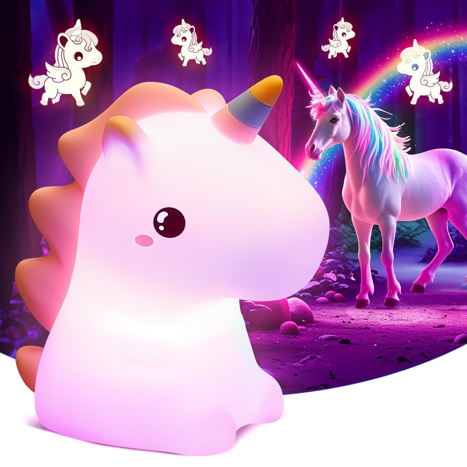 One Fire Luce Notturna Unicorno, Regalo Battesimo, 16 Multicolori Silicone Lampada per Bambini, USB Ricaricabile LED Luci Notturne per Cameretta Bambina, Regalo Neonato