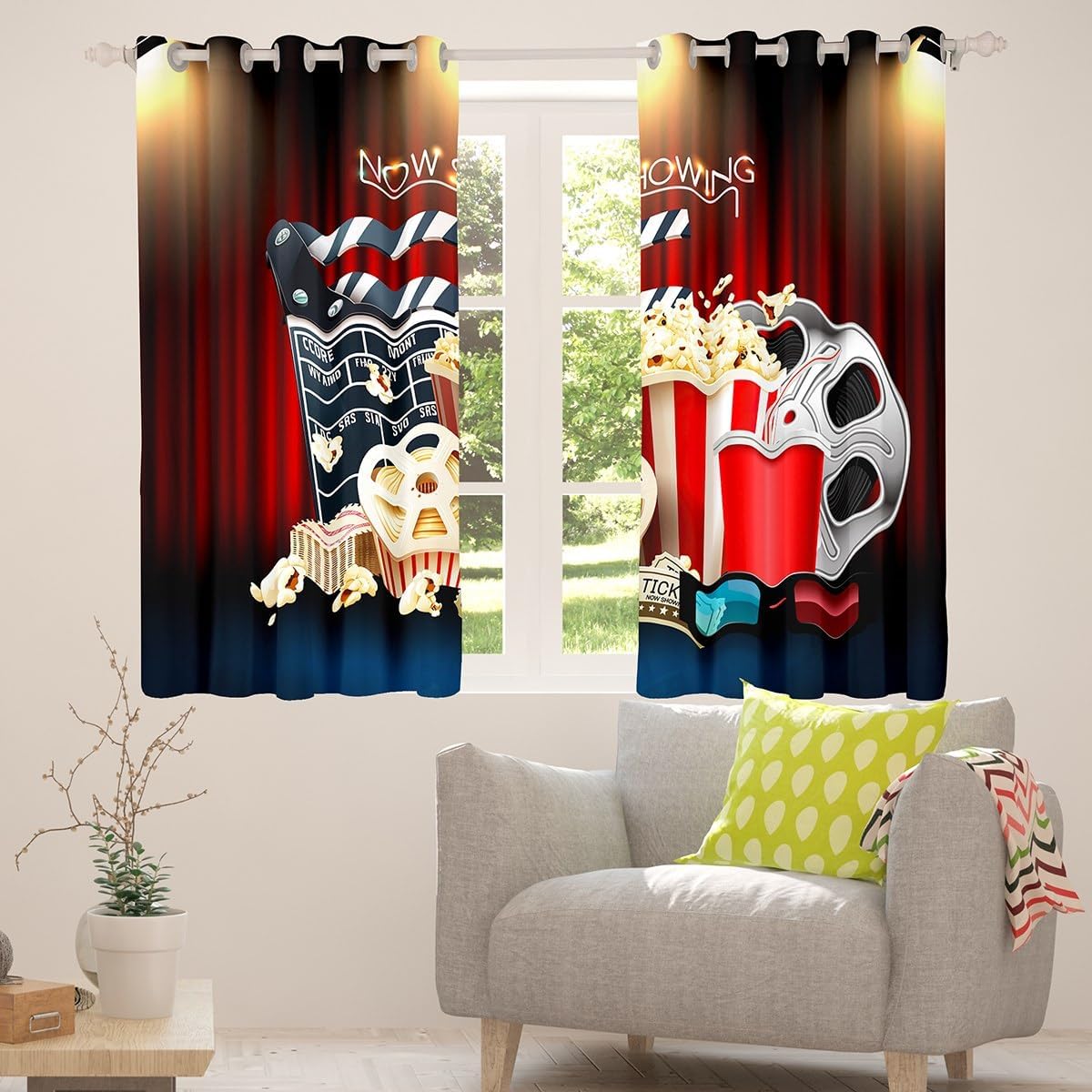 Erosebridal Movie Theater Theme Curtains Vintage Cinema Blackout Curtains,Popcorn Cola Curtains & Drapes Filmstrip Printed Decorative Window Curtains 84"X84",Movie Theater Cinema Personalized Decor