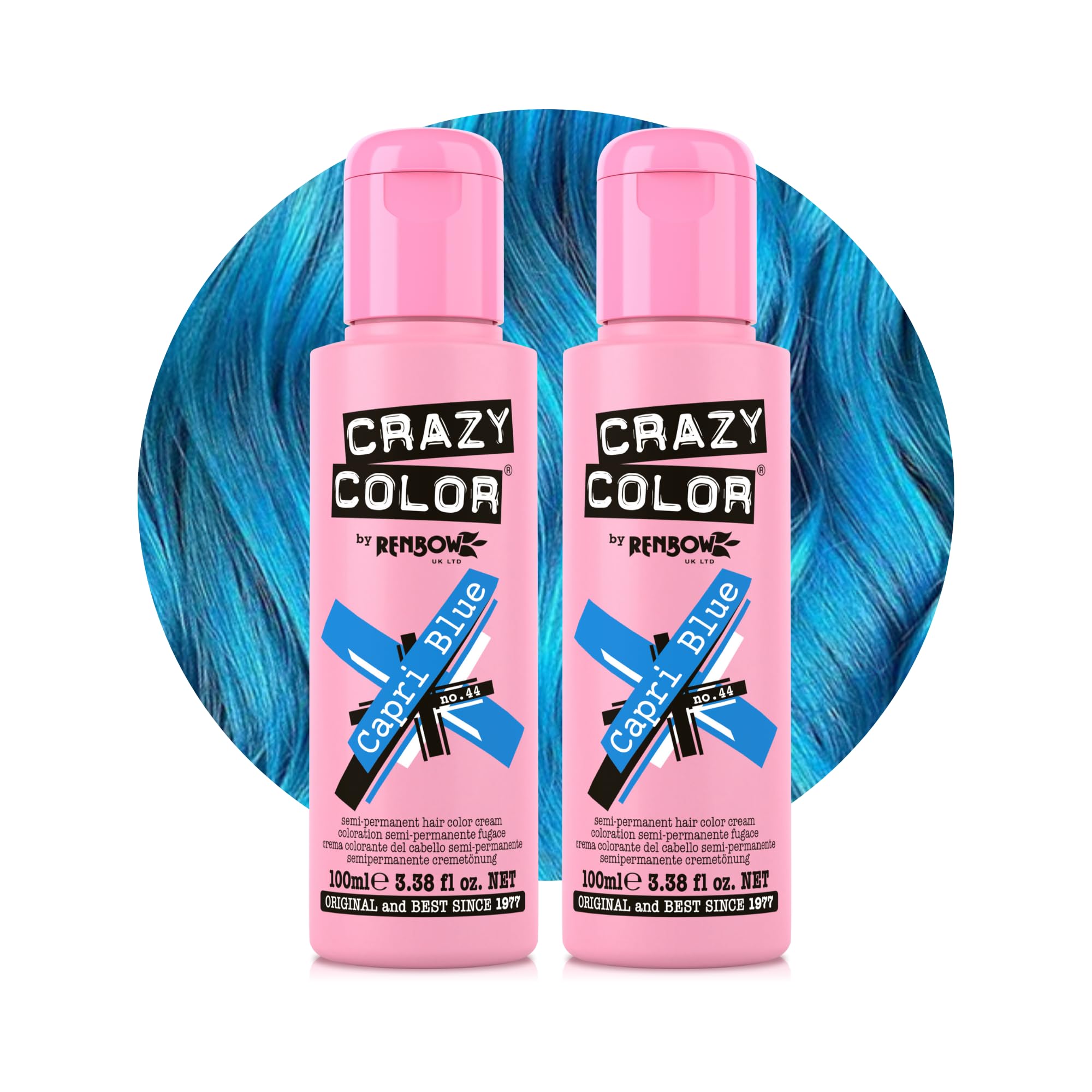 Crazy Color Vibrant Capri Blue Semi-Permanent Duo Hair Dye. Highly Pigmented Electric Blue Conditioning & Oil Nourishing Vegan Formula | No Bleach Or Ammonia |