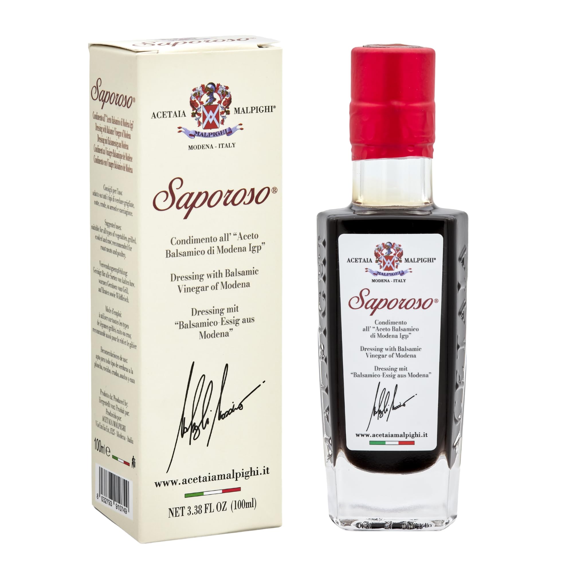 Acetaia Malpighi – Condimento all’Aceto Balsamico di Modena IGP Saporoso – 100 ml – Affinato 6 Anni in Botti di Rovere – Senza Caramello