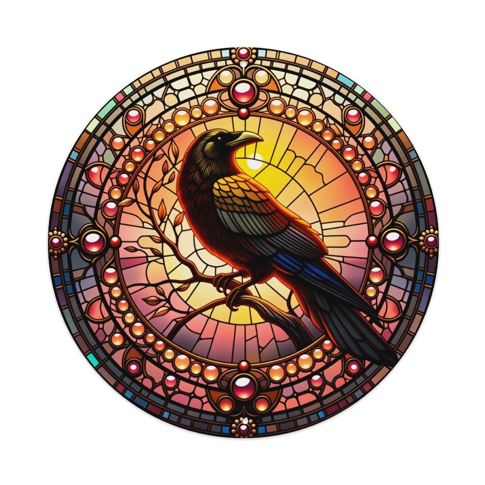 Stained Glass Raven Sunset Pattern Round Tin Sign Vintage Metal Poster Retro Bar, Home, Man Cave, Kitchen, Laundry Room Wall Art Decor Gift 8x8In