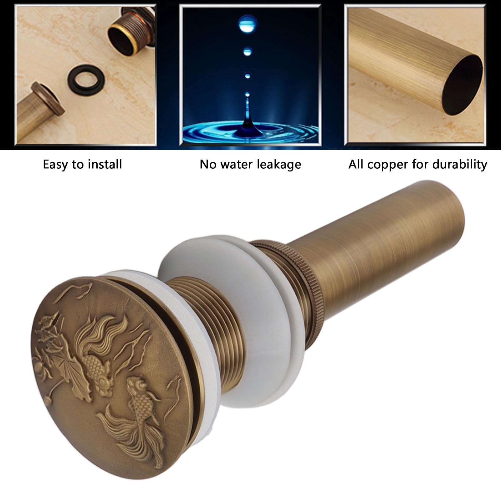 Tous les cuivre pop-up Évier drain Premium antique conception de cuisine de cuisine de salle de bain drain d'évier de salle de bain non fuite de drainage rapide stable dura (Sans trou)