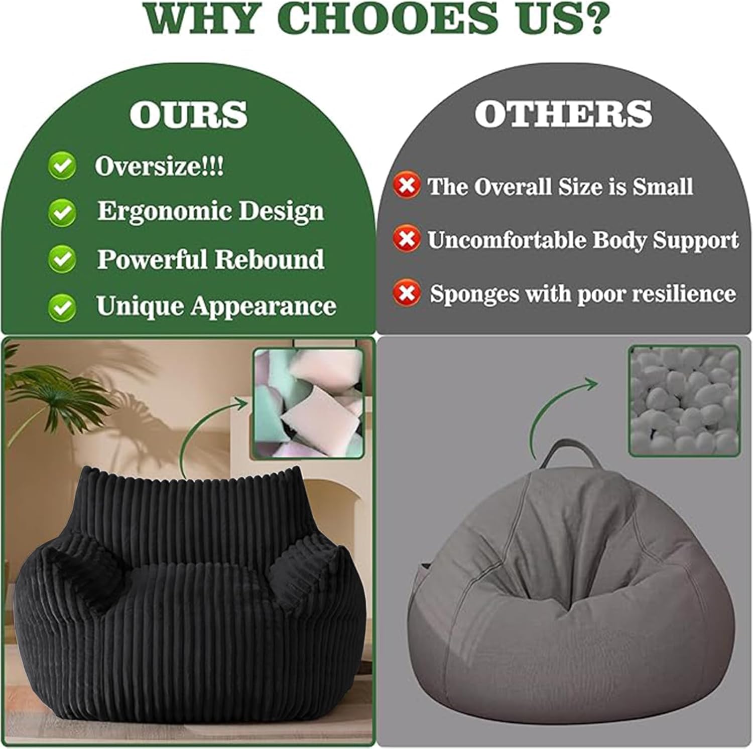 FanYi Bean Bag Chair for Adults with Armrests and Ottoman Oversized Comfy Beanbag Lounge Lazy Floor Sofa Accent Chair for Living Room, Bedroom & Dorm, Cozy Fluffy Single Cloud Mini Couch, Black