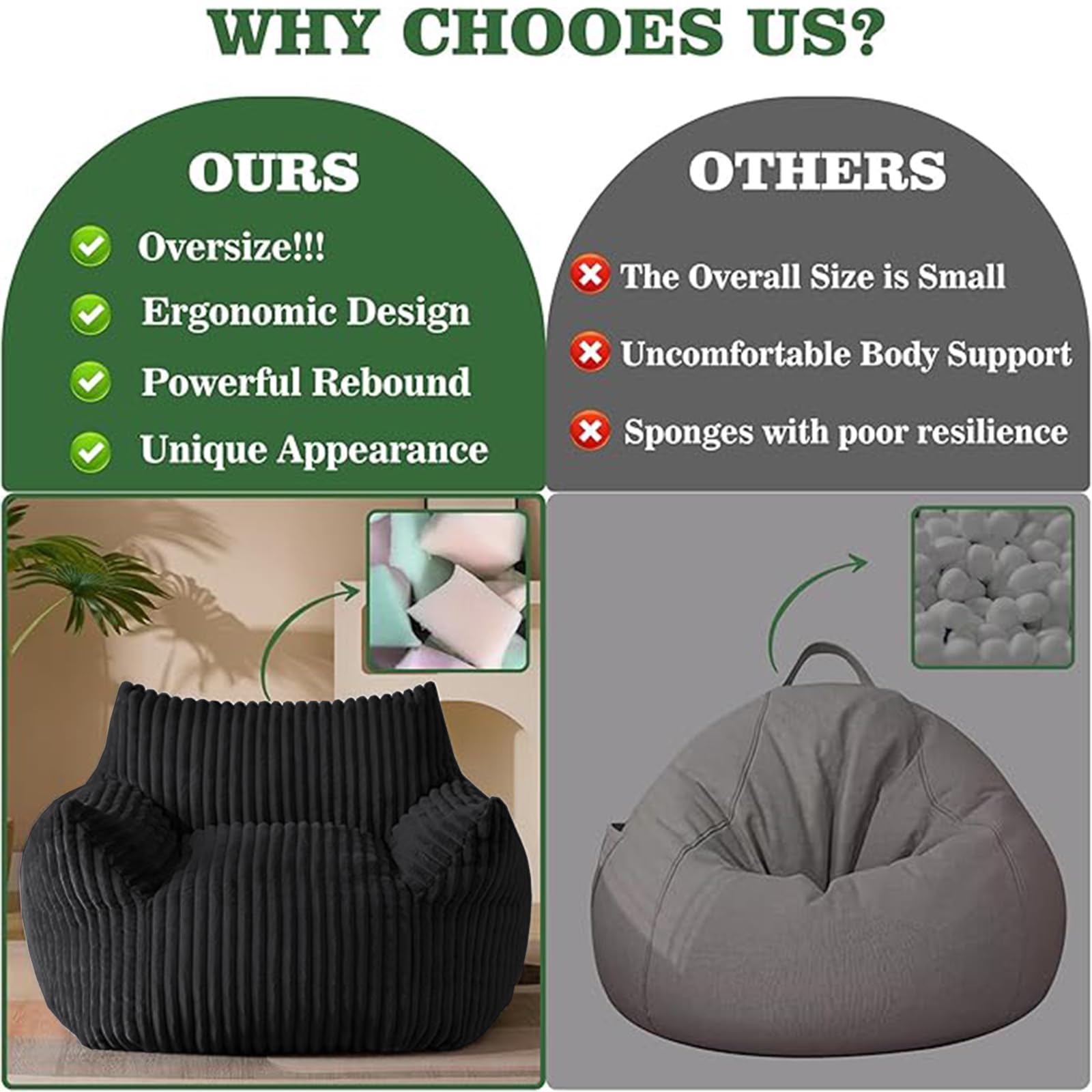 Sitzsack XXL für Erwachsene mit Ottoman, Corduroy Bezug, High-Rebound Füllung, Ergonomischer Relax Liegesessel (Schwarz)