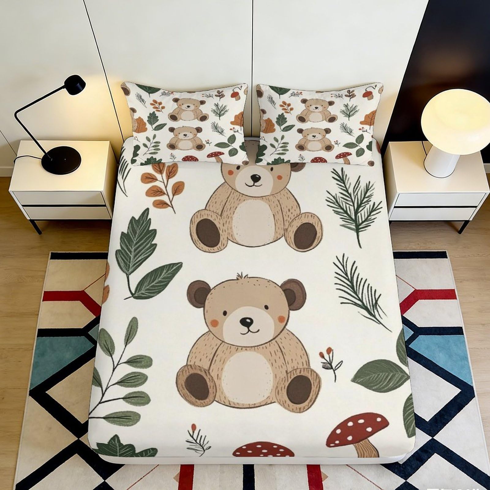 3D Printed Teddy Bear Fitted Sheet Microfiber Soft Breathable Forest Leaves Bed Cover for Bedroom Dormitory Guest Room Mattress Protection Decor 160x200x25cm