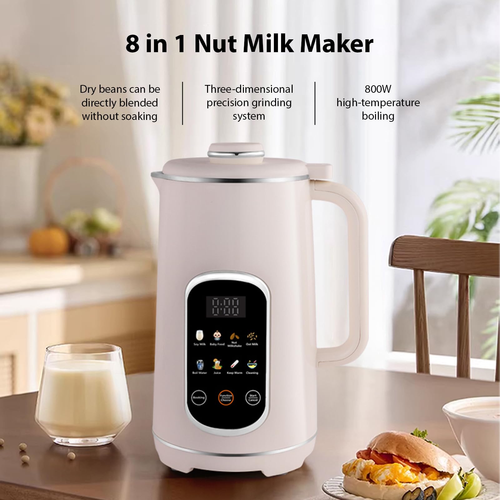 Machine à Lait de Noix 8 en 1, Machine à Lait Végétale Professionnelle 1,2 L et de Soja avec Fonction Autonettoyante, Minuterie 12 Heures et Maintien au Chaud, (Blanc)