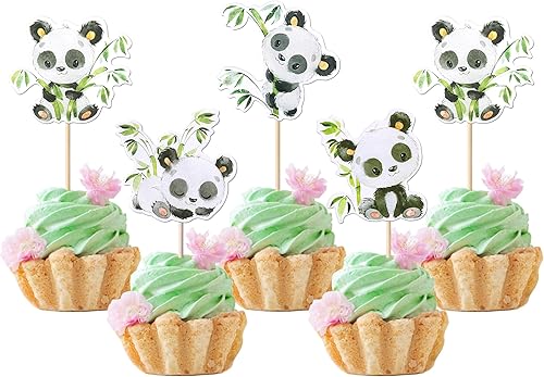 Rsstarxi Paquete de 36 adornos de panda para cupcakes de bambú verde lindo bebé panda oso cupcakes decoraciones para temática de panda, baby shower,
