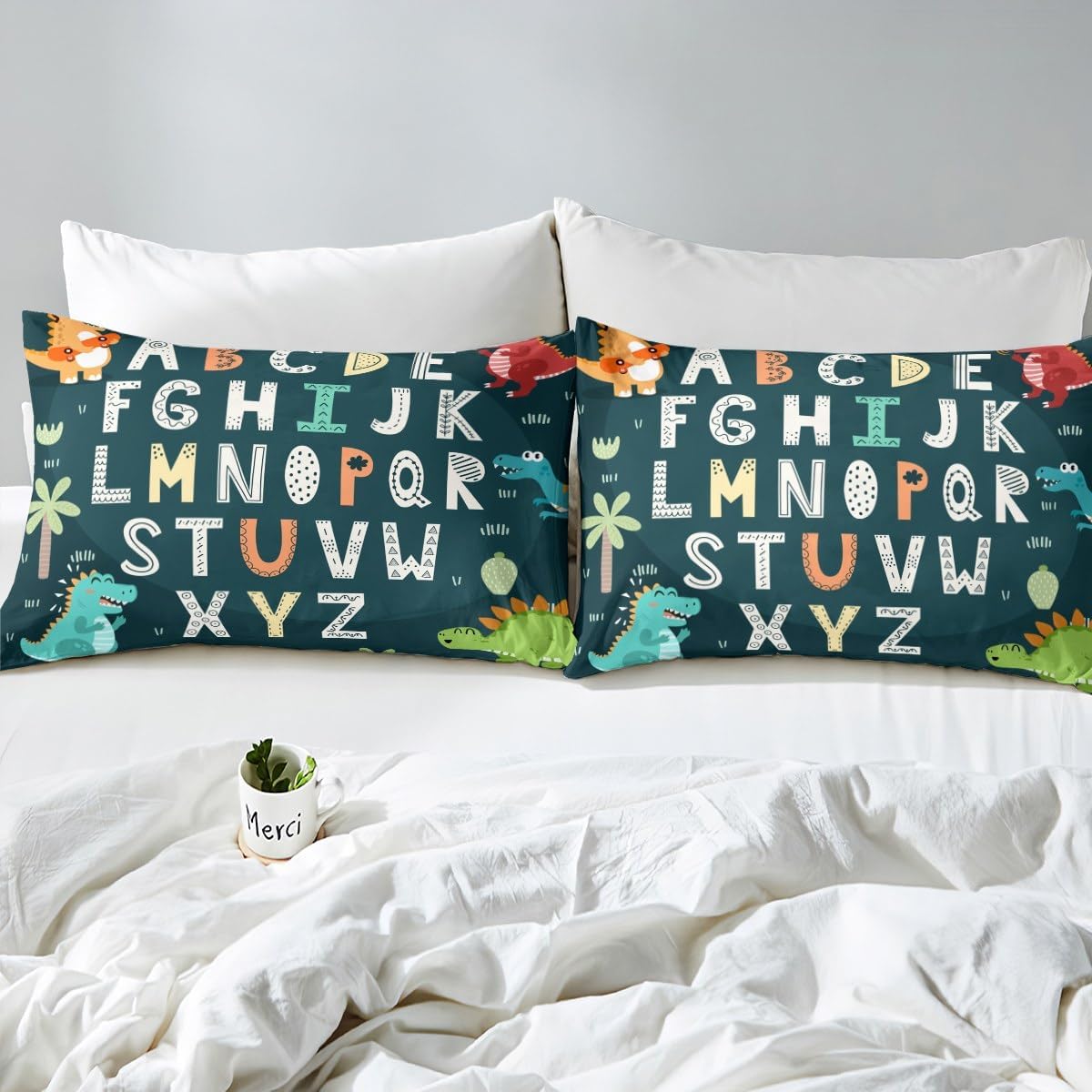 Alphabet Kids ABC Learning Fitted Sheet Full Size, Cartoon Dino Bedding Set Kids Educational Nursery Art Bed Sheet Set for Boys Girls Jungle Dino Bed Cover (2 Pillow Cases and a Fitted Sheet)