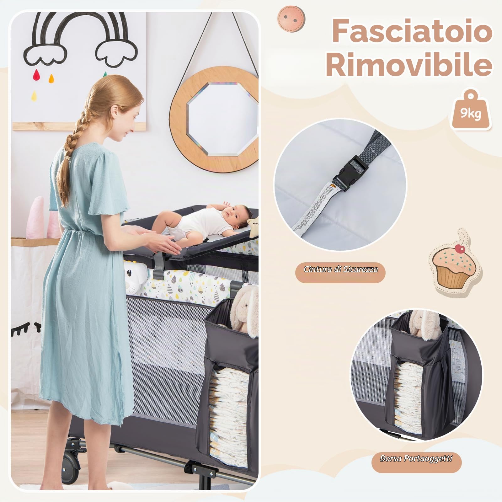 RELAX4LIFE 4 in 1 Lettino da Campeggio con Materasso per Bambini, Culla da Viaggio per Neonati con Fasciatoio, Carillon e Ruote Bloccabili, Adatto a Bambini da 0 a 36 Mesi (Beige)