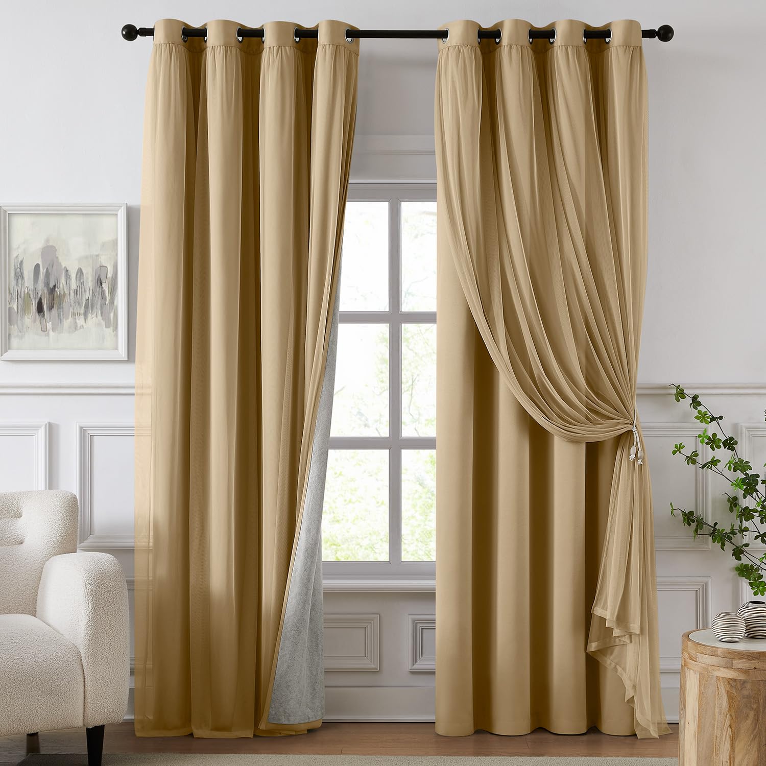100% Blackout Curtains for Bedroom, Double Layer Khaki 84" L