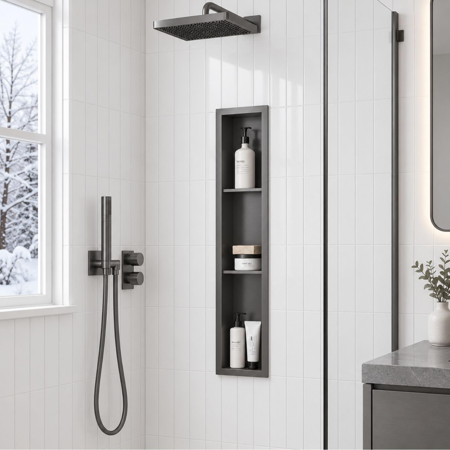 36 x 6 Inch Stainless Steel Shower Niche, No Tile Needed Wall Niche with 3- Tier Shelves, Recessed Wall Niche Insert for Bathroom Shower Kitchen Storage, Gun Gray