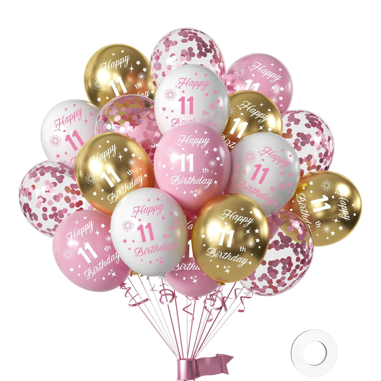 FUNCANDLE Happy 11th Birthday Balloons Pack of 16Pc，12inch Pink and White Gold Balloons Printed Latex Party Balloons Decorations Her 11 Years Old Born Birthday Anniversary Party Supplie