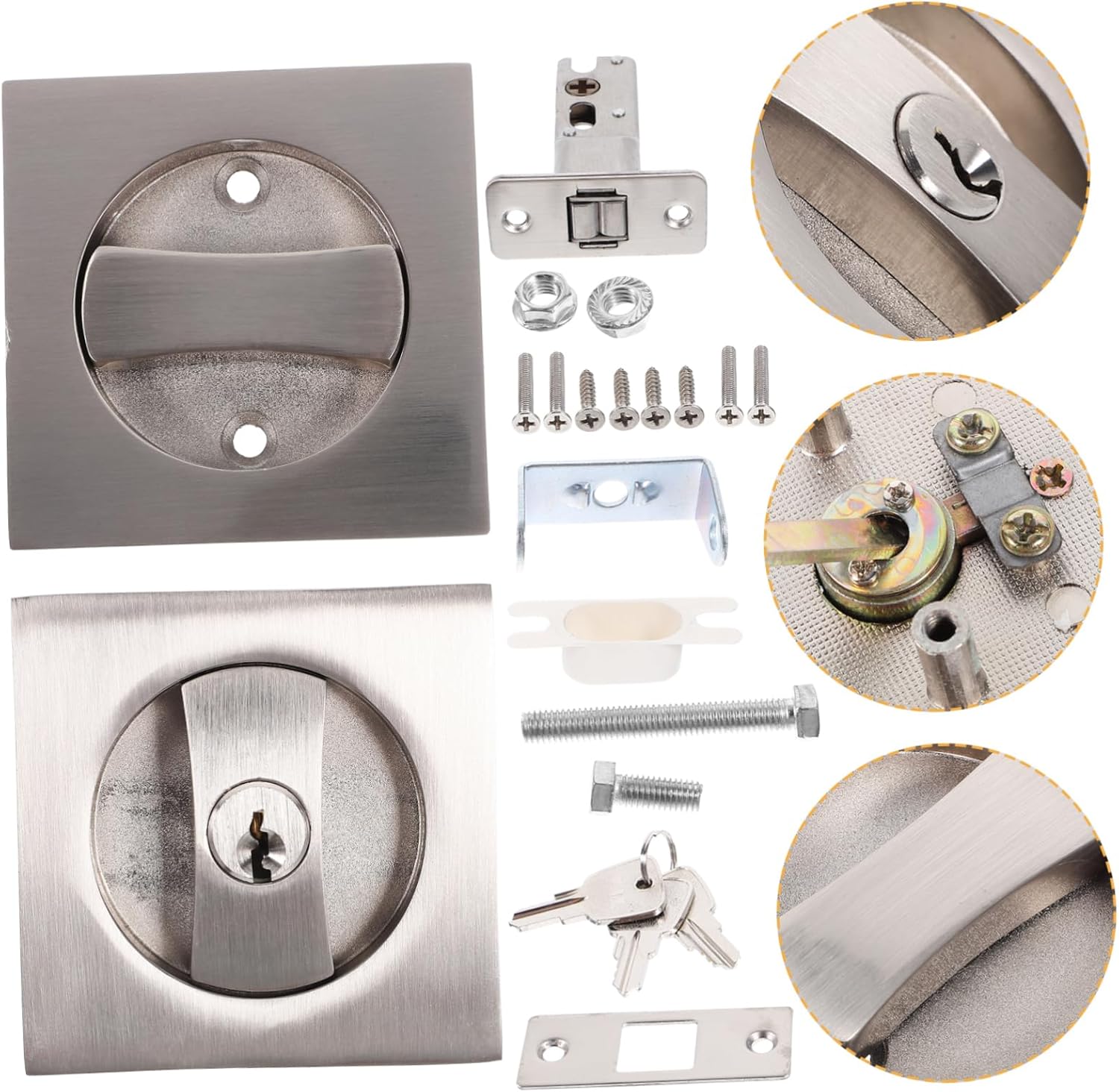 Gadpiparty 1set Invisible Pocket Door Lock Key Modern Privacy Hardware for Pocket Doors Metal Construction Brushed Finish for Home Use