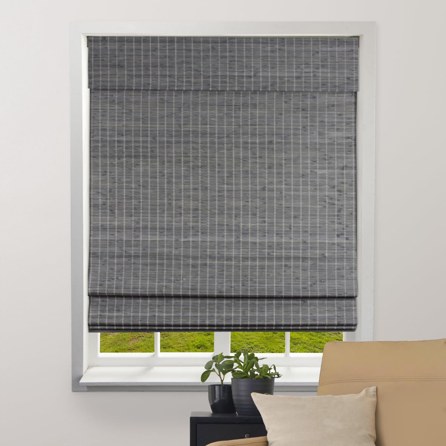 ARLO BLINDS Semi-Sheer Bamboo Roman Shades with Valance - Grey-Brown, 26" W x 60" H - Light Filtering Cordless Blinds for Interior Windows - Real Natural Bamboo Material - Mounting Hardware Included