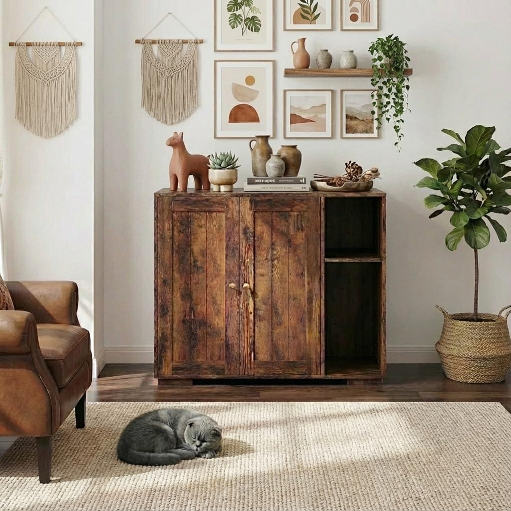 Litter Box Enclosure Cabinet for Cats, Furniture-Style Litter Box Hideaway with Dog-Proof Top Shelf and Integrated Power Outlet with 5 Ft Cord, Compatible with Most Self-Cleaning Litter Boxes, Brown