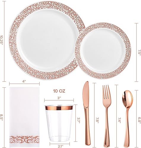 Miniatura 6 de FOCUSLINE Juego de vajilla de oro rosa de 175 piezas para 25 invitados, platos de plástico con diseño de borde de encaje de oro rosa, incluye 25