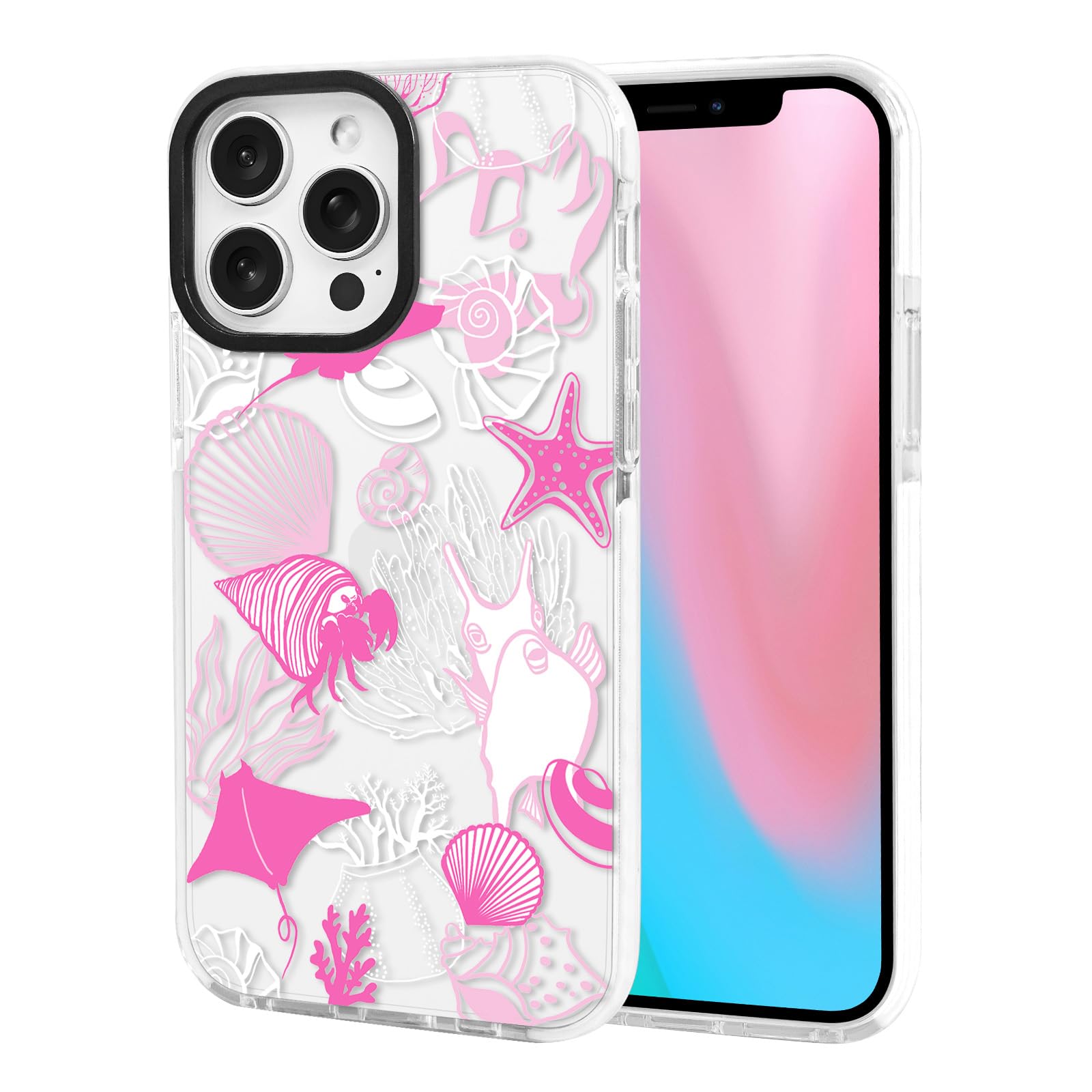 Photo 1 of ChiCsFleur for iPhone 14 Plus/iPhone 15 Plus Case, TPU Phone case with Camera Protection for Women Girls Teens - Pink Preppy Sea Manta Y2K Shell Starfish Elegant Artsy Coral Ocean Gift Aesthetic