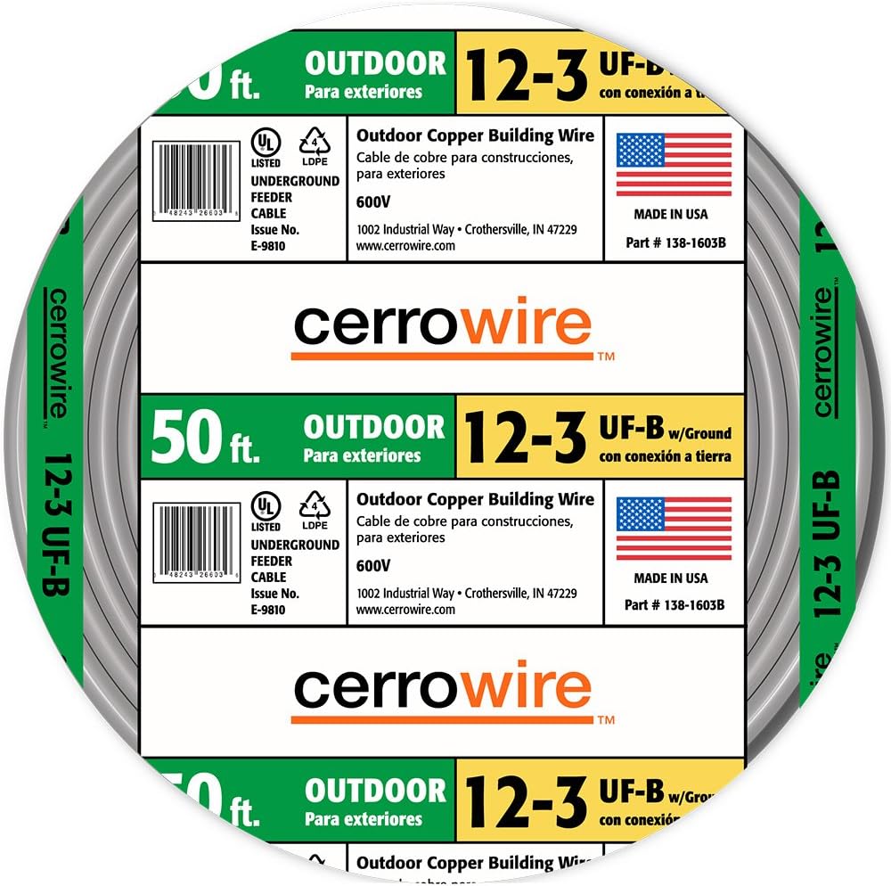 Buy 2 get 3 CERRO 138-1603BR 50-Feet 12/3 UF with Ground Wire, Grey, Foot