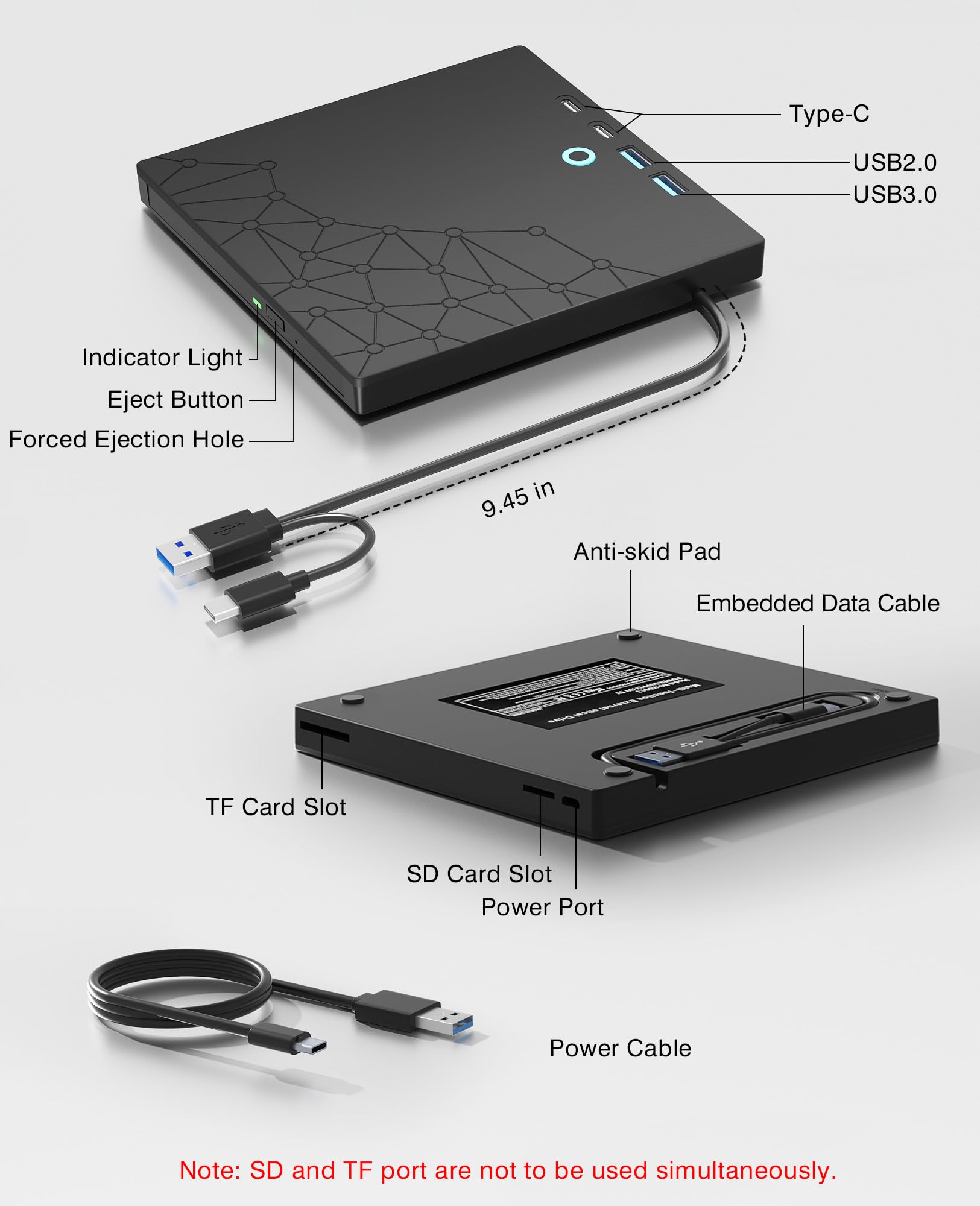 Unidad externa de CD/DVD para portátil, grabadora de DVD para laptop, 8 en 1, USB 3.0, reproductores de CD portátiles con puertos SD/TF, unidad de disco externa óptica para MacBook Windows 11