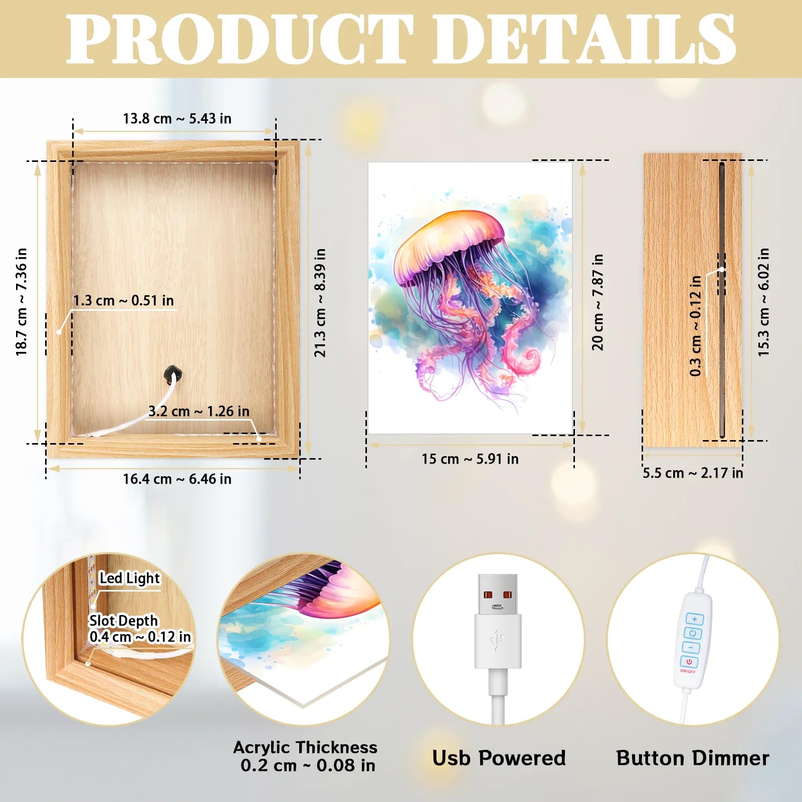 Light Up Painting, Colorful Jellyfish Wall Art Picture Light Watercolor Jellyfish Light Up Art Decor, 10 Brightness USB Powered 3 Lighting Modes, Anxiety Relief Gift for Bedroom Home-Without Frame