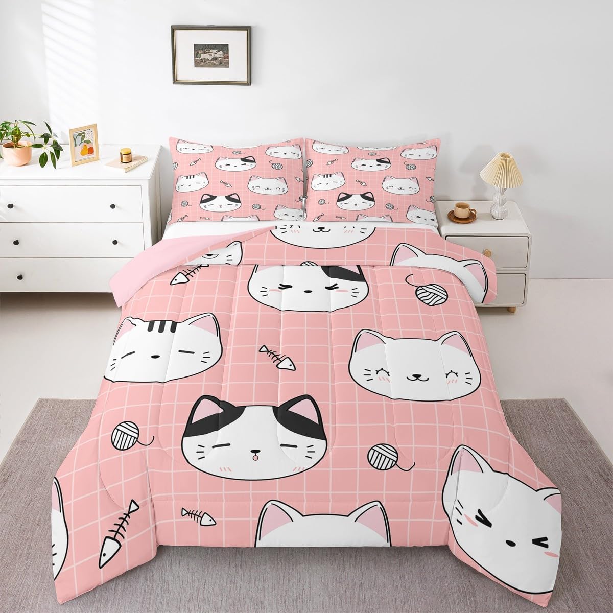 Erosebridal Girls Pink Cats Bedding Set Queen Black White Cat Head Comforter Set for Kids Boys,Cartoon Animal Doodle Down Comforter Lovely Pets Yarn Fish Quilt Duvet Set 2 Pillow Cases Bedroom Decor