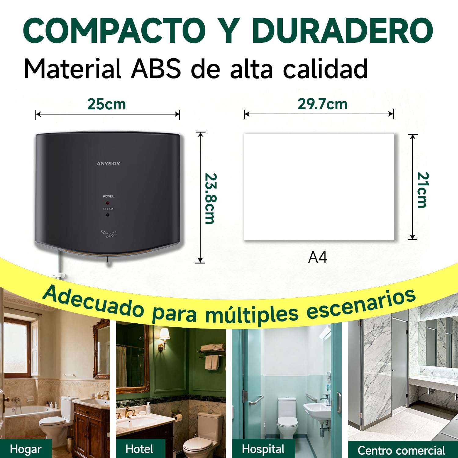 anydry 2630S Secador de Manos Compacto automático de Alta Velocidad,Comercial y hogar,Cubierta de ABS,1400-1650W,Negro