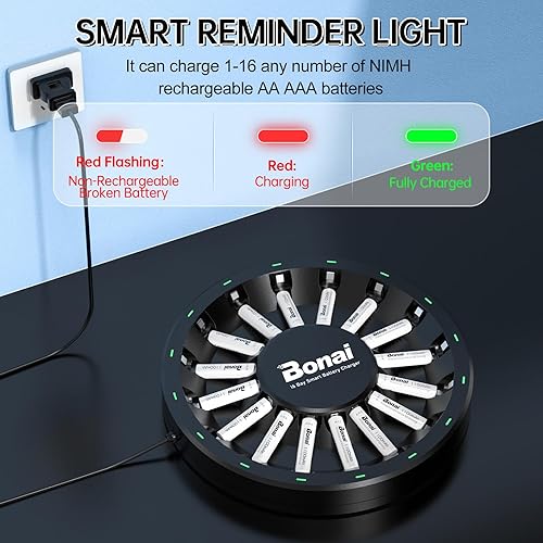 Miniatura 19 de BONAI Paquete de 8 pilas AA recargables y pilas AAA recargables con kit de cargador de 16 ranuras, carga rápida y detección inteligente