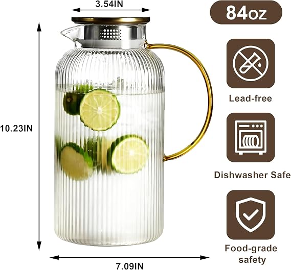 2 Pack 84 FL OZ Glass Pitcher with Handle & Lid, Fridge Carafe for Water | 2.5L Heat Resistant Glass Pitcher with Removable Filter.Perfect for Iced Tea,Coffee,Juice,Lemonade.Easy Pour,Dishwasher Safe