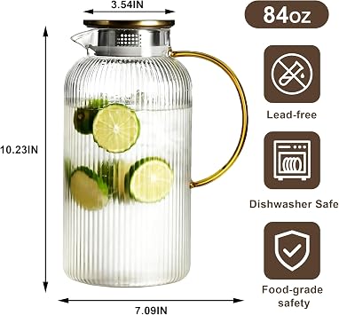 2 Pack 84 FL OZ Glass Pitcher with Handle & Lid, Fridge Carafe for Water | 2.5L Heat Resistant Glass Pitcher with Removable Filter.Perfect for Iced Tea,Coffee,Juice,Lemonade.Easy Pour,Dishwasher Safe