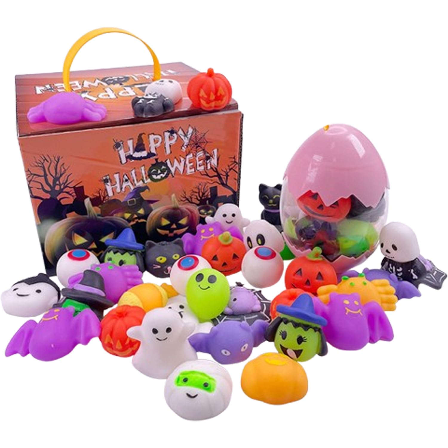 GGEROU48 Pcs Halloween Mochi Squishy Toys with Gift Box Mini Kawaii Mochi Squeeze Toy Stress Reliever Anxiety Packs for Kids Party Favors Halloween Miniatures Halloween Treat Bags Gifts