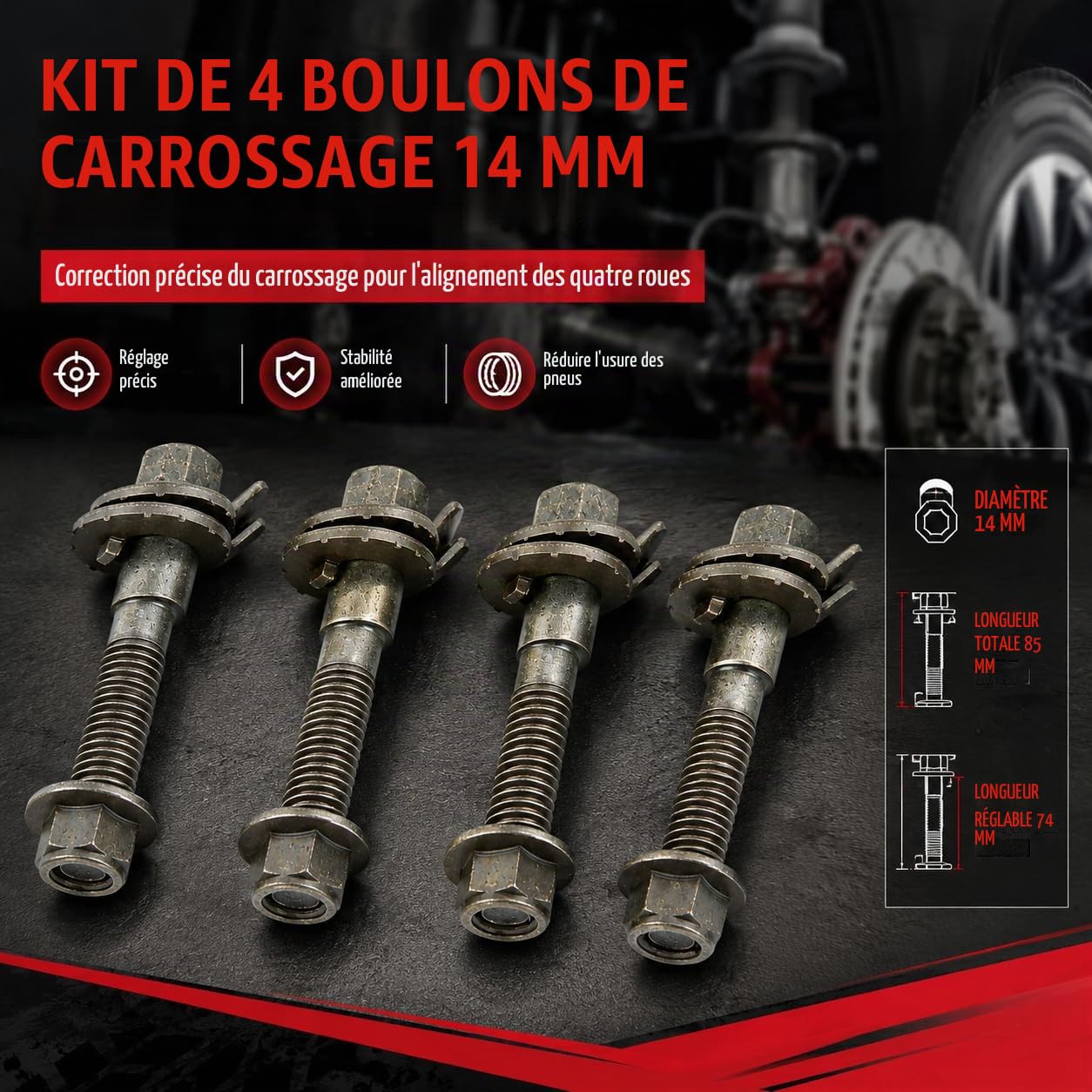 Réglable Boulon à Came, 4 PièCes 14mm Kit De Boulons De Carrossage RéGlables Vis De Boulon Excentrique Cam Bolts Camber Correction Kit pour Alignement des Quatre Roues De VéHicule
