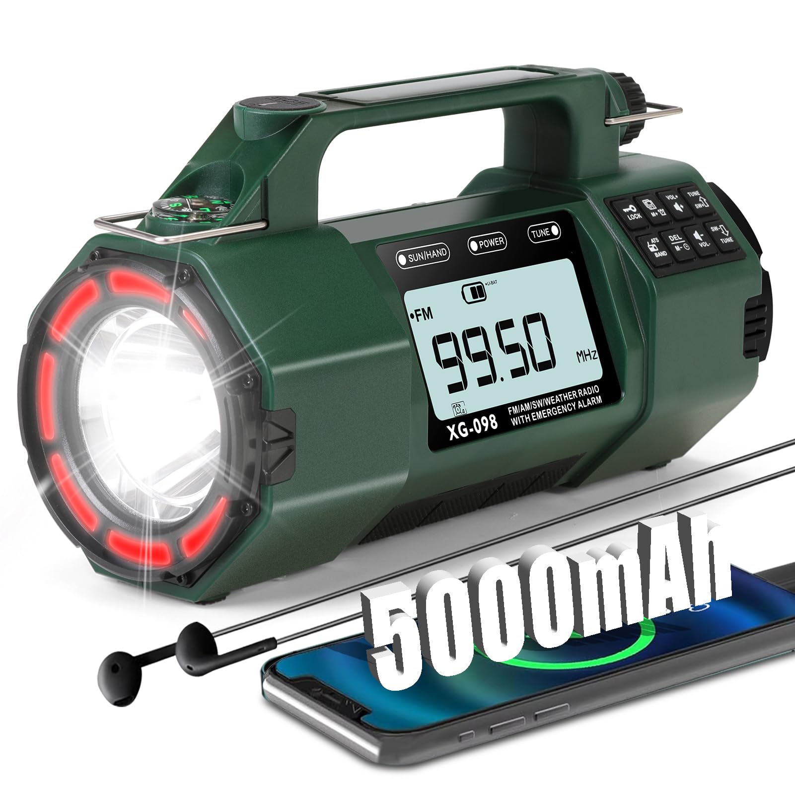 Radio météo d'urgence, batterie remplaçable 5000 mAh, radio solaire à manivelle avec alerte AM/FM/SW/NOAA, réveil, minuteur, boussole, chargeur de téléphone portable, prise casque, lampe de poche et