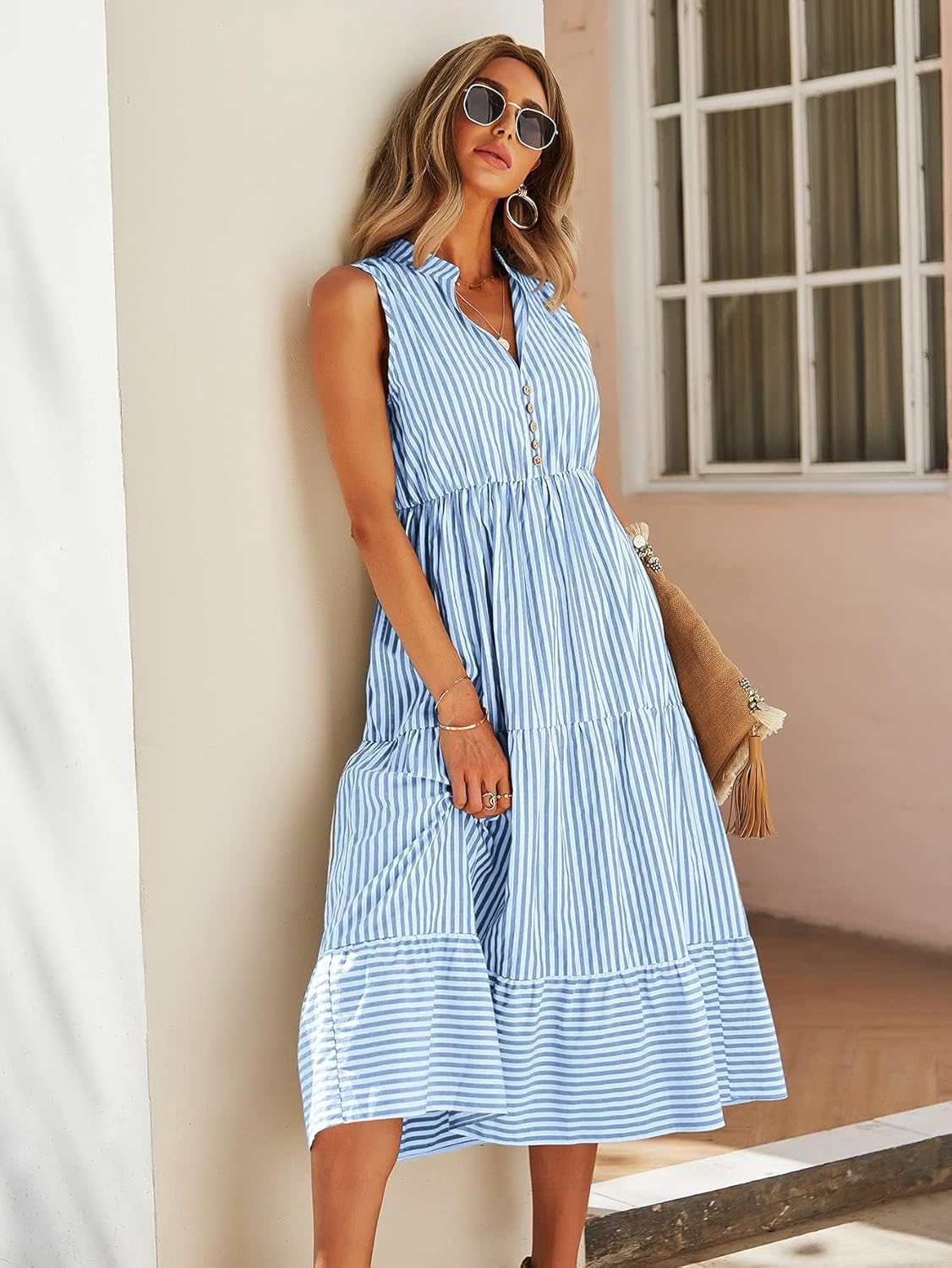 Floerns Women's Striped Print Notched Neck Sleeveless Ruffle A Line Midi Dress